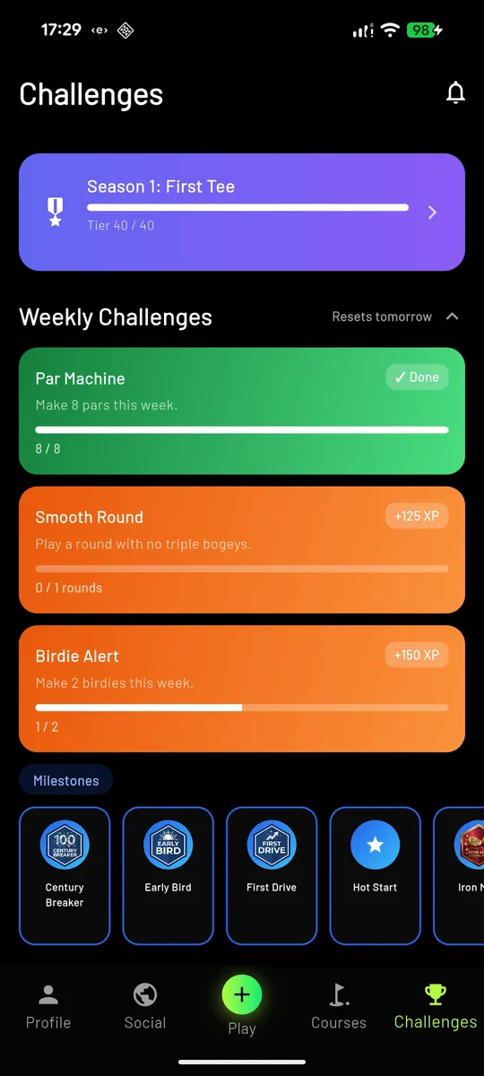 Challenges screen with season progress, weekly challenges and milestone badges
