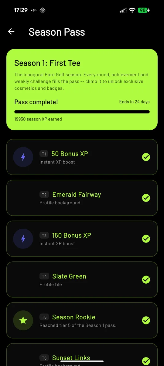 Season 1 First Tee season pass with reward tiers